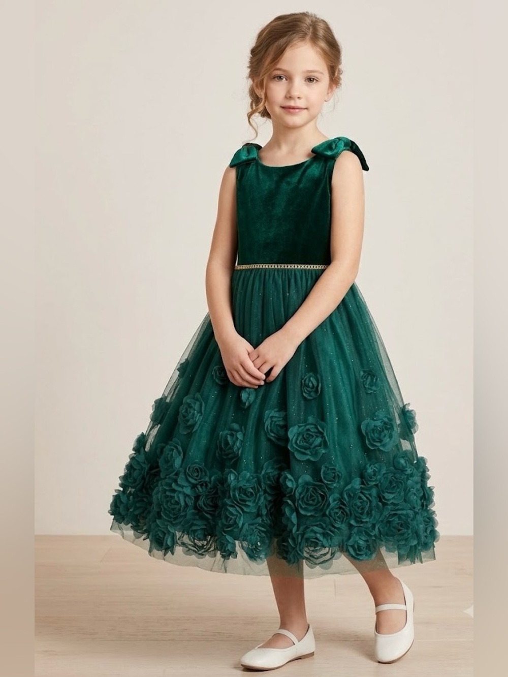 Nannette Emerald Green Velvet & Floral Tulle Dress for Girls Size 7